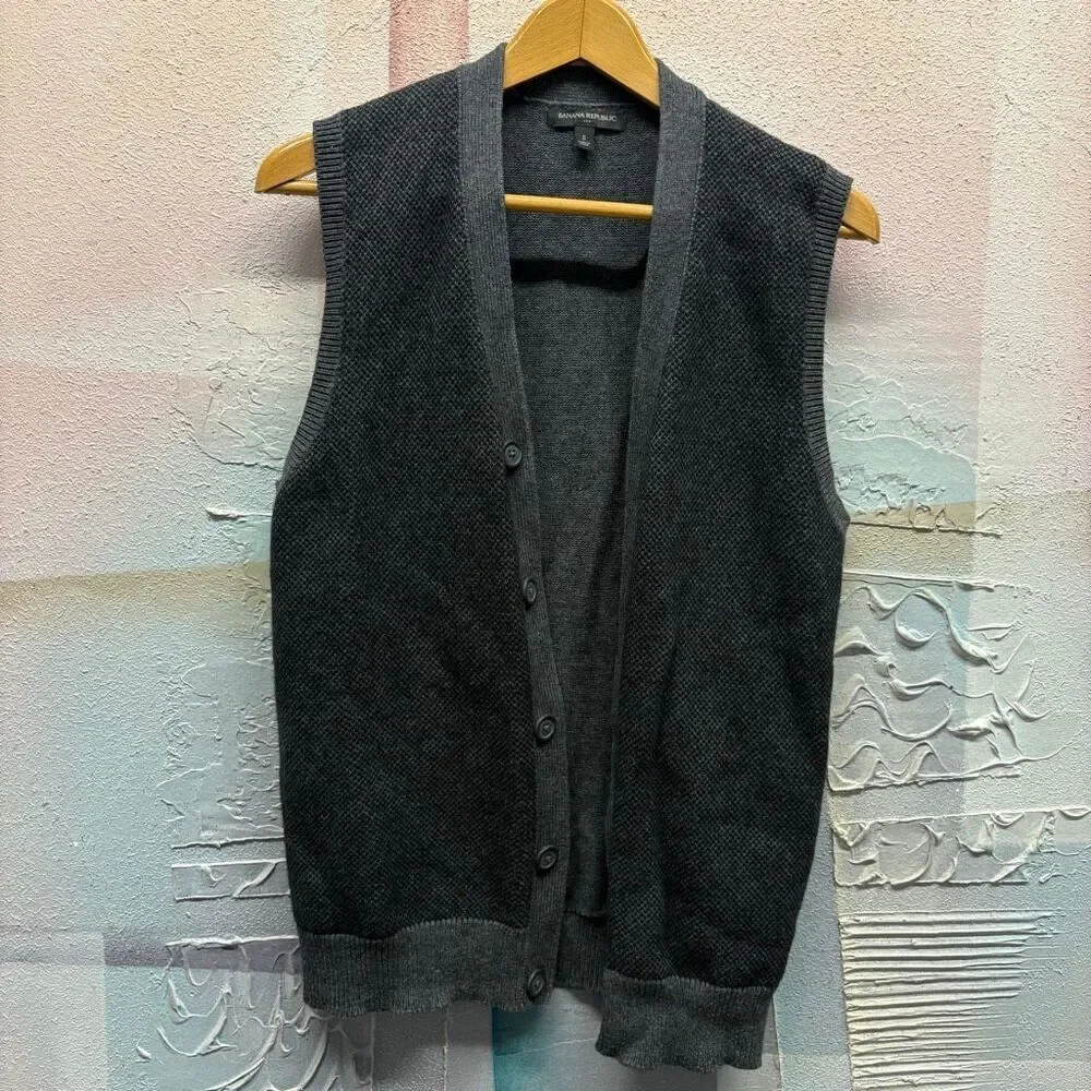 Banana Republic S Gray Cotton Wool Button Down Vest Minimalist Professional